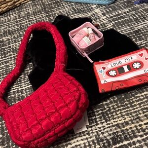 Lucky in Love-  Red Quilted Bag. Faux fur vest, sol kit, cosmetic love mix bag